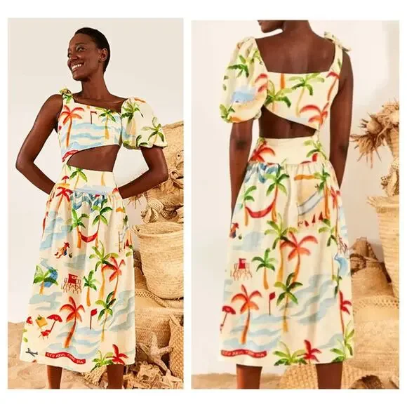 FARM Rio | Dresses | Farm Rio Copacabana Linenblend Cutout Midi Dress Size  Medium | Poshmark